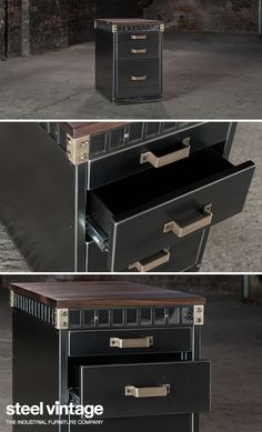 two different views of an old dresser with metal handles and drawers, one showing the bottom drawer