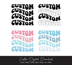 four different styles of custom stickers with the words custom in black, white and blue