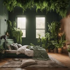 a bedroom with green walls and plants on the ceiling