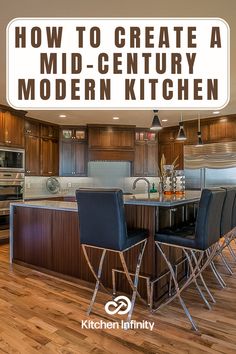 a modern kitchen with wooden cabinets and black chairs