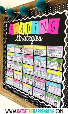 the reading strategy board with pom poms hanging on it's side and text reading