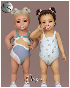 two baby dolls standing next to each other wearing bodysuits and pacifieres