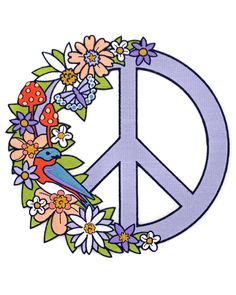 a peace sign with flowers and birds on it