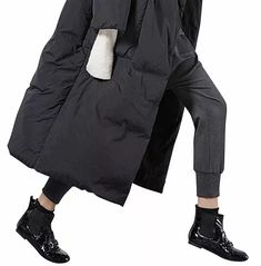 Women's Thick Wide Waist Hooded Overcoat - Thick Hooded Parka For Fall, Thick Hooded Winter Outerwear, Oversized Black Winter Parka, Solid Puffer Jacket With Drawstring Hood For Winter, Winter Solid Color Hooded Jacket With Detachable Hood, Long Solid Puffer Jacket With Detachable Hood, Oversized Solid Hooded Jacket For Cold Weather, Thick Hooded Outerwear For Streetwear, Thick Hooded Outerwear For Fall