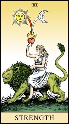 a woman sitting on top of a lion next to a taroti card with the letter