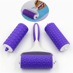 three purple rollers are shown with one being used as a hair brush and the other is