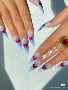 Blue And Red Nails Designs, Red And Blue Nails Design, Nail Pictures Ideas Photo Shoot, Angel Nails, Spring Acrylic Nails, Hippie Nails, Punk Nails, Grunge Nails, Minimal Nails