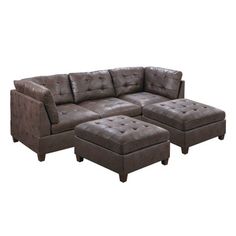 a brown leather sectional sofa with ottoman and footstool in front of a white background