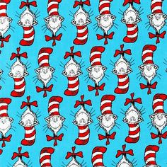 the cat in the hat is wearing red and white striped hats on blue background with black stripes