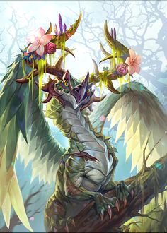 a dragon sitting on top of a tree branch with flowers growing out of it's wings