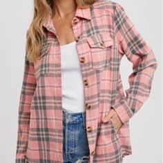 New With Tag Beautiful Rose Plaid Flannel Button Down Soft And Cozy Yet Lightweight 80% Polyester 20% Cotton Sm: 21" Bust Across Front, Total Length 28" Pink Long Sleeve Flannel Shirt For Fall, Casual Pink Button-up Flannel Shirt, Pink Button-up Flannel Shirt For Fall, Pink Collared Shacket With Pockets, Pink Snap Button-up Outerwear, Pink Shacket With Button Closure For Fall, Pink Button-up Shacket With Pockets, Pink Button-up Outerwear With Buttoned Pockets, Pink Button-up Shacket For Spring