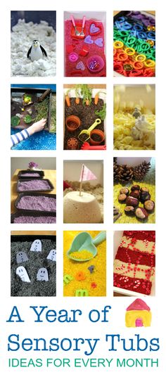 the cover of a year of sensory tubs ideas for every month, with pictures of