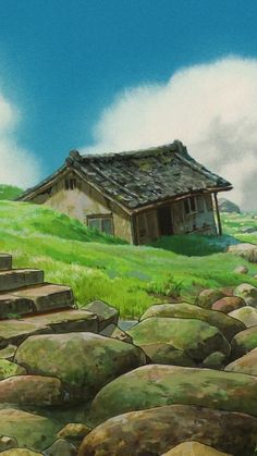 a painting of a house on top of a hill with rocks in front of it