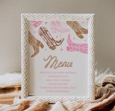 a menu card with high heel shoes on it