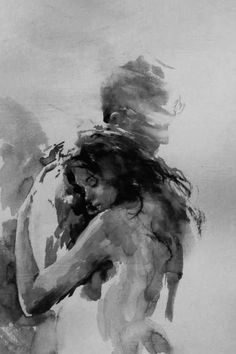 a black and white painting of a woman with her hair blowing in the wind,