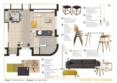 the floor plan for a small apartment with furniture and accessories in yellow, brown, black and white colors