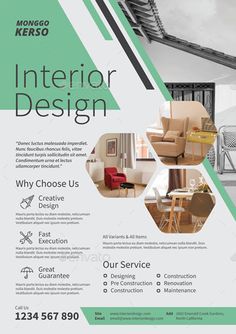 the interior design flyer is shown in pink, white and black colors with an abstract geometric pattern