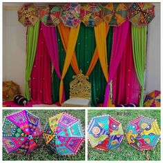 four different pictures of colorful decorated umbrellas