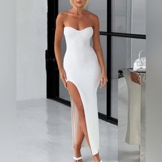 -Babyboo Angela Maxi Dress In White -Size L -Nwt **Currently $75 On Website** *Description From Website* * Colour: White. * Stretch Ribbed Knit Fabric. * Strapless, Bandeau Neckline. * Thigh High Split. * Moulds To Body Figure. * Maxi Length. Made In Our Super Soft Ribbed Fabric, Add The Stunning Angela Maxi Dress To Your Wardrobe, A Contemporary Knit Design Which Feels Ultra Chic. It Has A Close Fitting Silhouette That Hugs Your Figure And A Thigh High Split. Style With Minimal Heeled Mules And Fitted White Maxi Dress For Night Out, White Fitted Maxi Dress For Night Out, White Strapless Maxi Dress For Night Out, Strapless White Maxi Dress For Night Out, Body Figure, Strapless Bandeau, Ribbed Fabric, Silver Jewellery, Thigh High