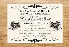 black and white masquerade ball party with masks on the front, in an ornate frame