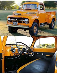 an old yellow truck parked on top of a grass covered field next to another orange truck