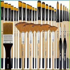 an assortment of paint brushes in various sizes and colors