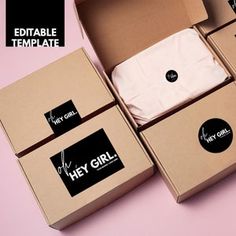 three boxes with white shirts in them on a pink surface