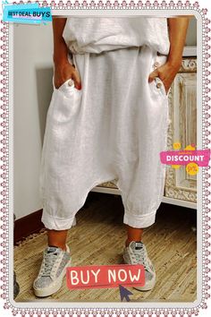 Casual Plus Size Cotton Linen Pants High Waist Solid Color Baggy Capris, Chic Baggy Harem Pants With Pockets, White Baggy High Waist Harem Pants, White High Waist Baggy Harem Pants, Baggy Solid Color Summer Bottoms, Baggy Tapered Leg Bottoms In Solid Color, Summer Baggy Solid Color Bottoms, Baggy Tapered Leg Bottoms With Solid Color, White Straight Leg Harem Pants With Pockets