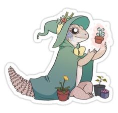 a sticker with an image of a gecko holding a potted plant