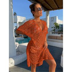 Orange Hollow Out V Neck Pullover Cover Up Beach Dress V-neck Beachwear Cover-up For Day Out, Orange V-neck Summer Beach Dress, V-neck Summer Vacation Cover-up, Casual V-neck Cover-up For Day Out, V-neck Beach Dress For Resort Season, Summer Orange V-neck Beach Dress, Orange Beach Dress For Spring, Orange V-neck Cover-up For Spring, V-neck Cover-up For Summer Vacation