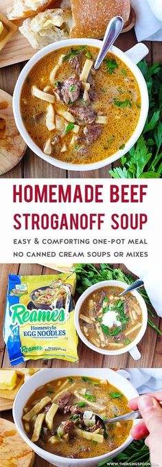 homemade beef stroganonoff soup is an easy and comforting one - pot meal