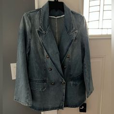 Nwt: Stylewe Denim Blazer Jacket- Size Small- Ptp Is 19 Inches- Has Two Pockets In The Front - Button Closure In The Inside And On The Outside- Has Shoulder Pads Which You Can Remove If You Want- Any Further Questions Please Ask! Button-up Denim Blue Blazer With Pockets, Denim Blue Button-up Blazer With Pockets, Denim Button-up Outerwear With Multiple Pockets, Denim Blazer Jacket, Denim Blue Single-breasted Outerwear With Lapel Collar, Single-breasted Cotton Denim Jacket With Notch Lapel, Denim Blazer, Shoulder Pads, Blazer Suit