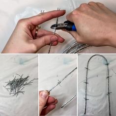 four pictures showing how to make barbed wire necklaces with crochet hooks and pliers