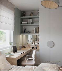 a bedroom with a bed, desk and chair in it next to a book shelf