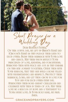 a wedding poem is shown with the words, short prayer for a wedding day and an image of a bride and groom