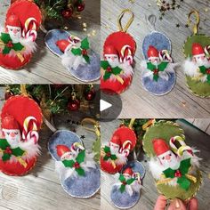 four different pictures of santa clause ornaments hanging from christmas tree ornament, on wooden table