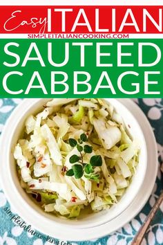 a white bowl filled with sauteed cabbage on top of a blue and white table cloth