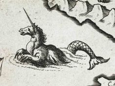 a drawing of a unicorn laying on its back with a sailboat in the background