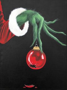 an acrylic painting of a green monster hanging from a christmas ornament