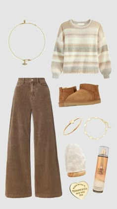 a woman's outfit including boots, sweater and bracelets is shown in this image