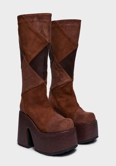 Demonia Patchwork Knee High Platform Boots - Brown – Dolls Kill Hippie Shoes, Platform Knee High Boots, High Platform Boots, Patchwork Boots, Knee High Platform Boots, Demonia Shoes, Funky Shoes, Swag Shoes, Chunky Boots