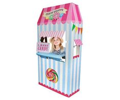 This cardboard stand-up lets your little one become their own confectioner! Colorful stripes, banners and graphics set the tone as children can look out the window, make-believing they're running their own candy stall. It's great for a party, birthday or playroom. Circus Party Games, Carnival Candy, Cardboard Stand, Candy Props, Cardboard Standup, Candy Stand, Carnival Themed Party, Kids Play Tent, Candyland Birthday