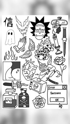 a black and white drawing of various items in the shape of a cartoon character, including an