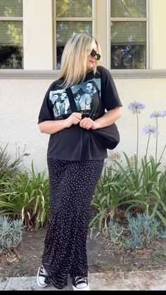 carrie dayton - skirt with graphic tee Carrie Dayton Outfits, Graphic Tee Over Dress Outfit, Graphic Tee Skirt Outfits, Band Tee And Skirt Outfit, Carrie Dayton, Skirt With Graphic Tee, Skirt And Tshirt Outfits, Graphic Tee And Skirt, Tshirt Skirt Outfit