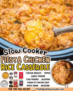 the slow cooker fiesta chicken rice casserole is ready to be eaten and served