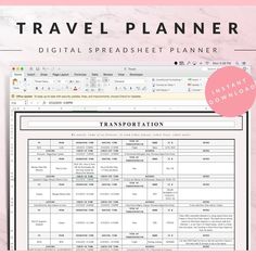 the travel planner is shown in pink and white, with text overlaying it