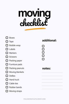 the moving checklist is shown in black and white, with orange writing on it