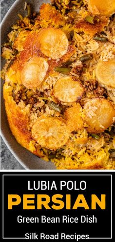 a large pan filled with rice and meat on top of a counter next to a sign that reads lubia polo persian