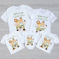 three t - shirts with the words daddy of the wild one and two lions on them