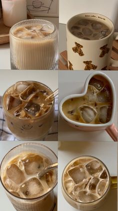 there are many pictures of different drinks in the same cup and one is filled with ice